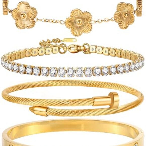 18K Gold Plated Stackable Tennis Bracelet Set Elegant Minimal Chic Adjustable - Picture 2 of 8